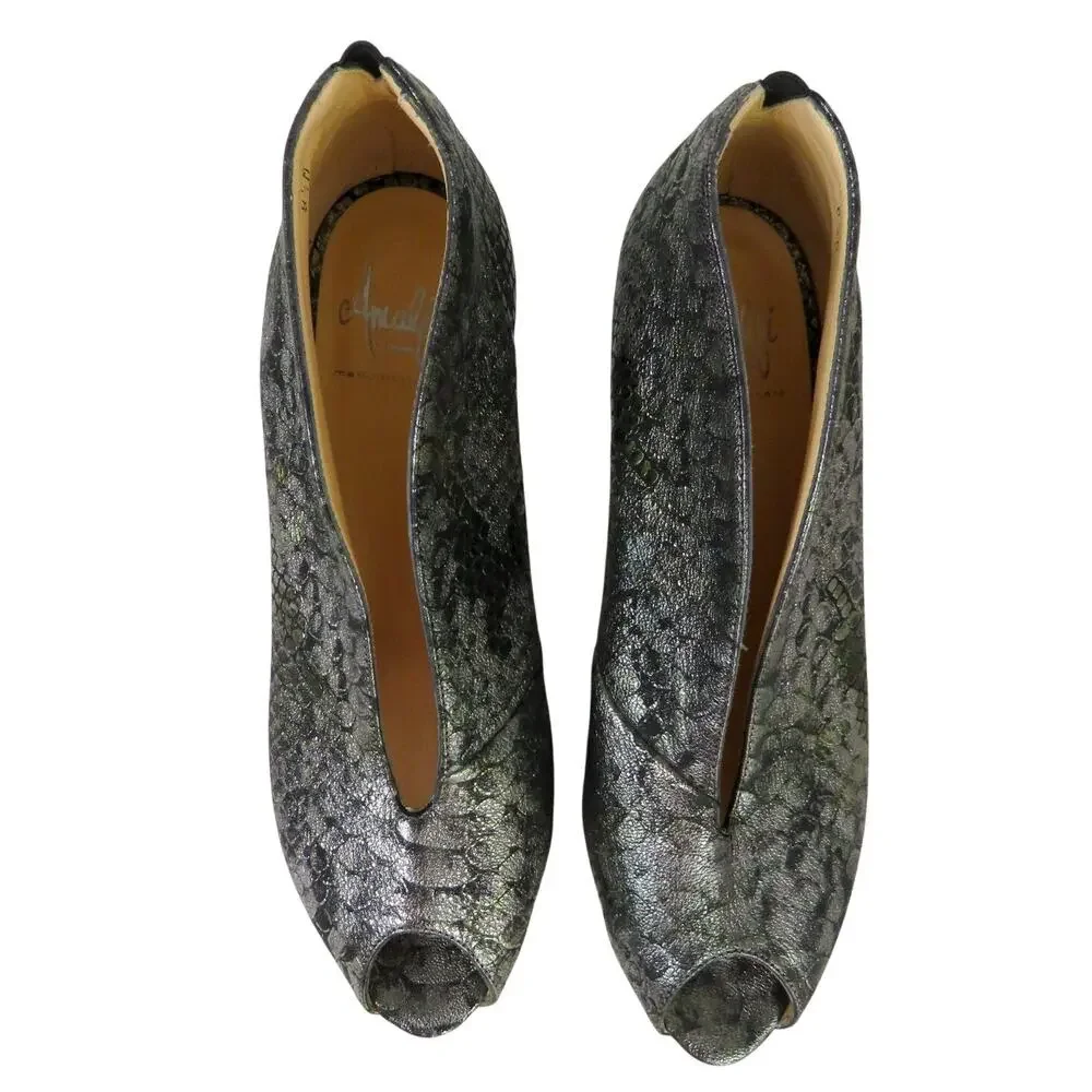 Amalfi by Rangoni Silver Metallic Snake Print Open Toe Heels Pumps Booties 8.5
